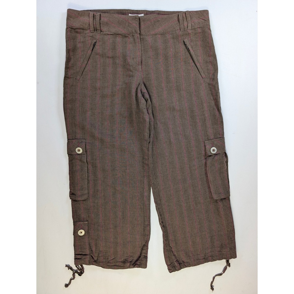 Zinc Brown Herringbone Pink Pinstripe Cargo Pants Women Size 13 Cropped Ramie